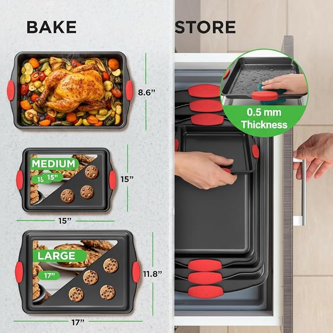 NutriChef 3-Piece Cookie Sheets for Baking, Non-Stick Baking Pans Set with Silicone Handles, Stackable Oven Trays in Small, Medium & Large Sizes for Professional and Everyday Use, 2026 Edition