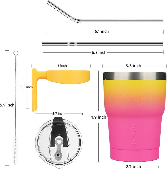 BJPKPK 10 oz Mini Tumbler with Lid, Straw & Handle, Insulated Steel Cup | Small, Spill Proof, Leak Proof, Thermal, Double Wall Vacuum, Sweatproof, Dishwasher Safe, BPA Free, Pink & Yellow Rose