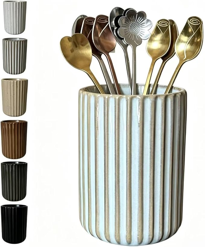TOPYOKK Stoneware Coffee Bar Utensil Holder Tea & Coffee Spoon & Stirrer Holder for Stir Stick Straw Teaspoon Holder Espresso Spoon Cup Small Utensil Jar Fluted Vertical Stripe (Retro White)