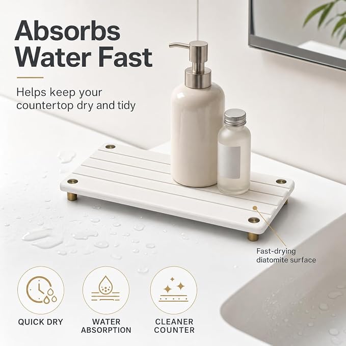 Instant Dry Sink Caddy Kitchen Sink Organizer, Quick Drying Stone Tray Diatomite Sponge Holder Soap Dish, Bathroom Countertop Fast Dry Water Absorbing Vanity Rack, Gold White, 12" x 5"