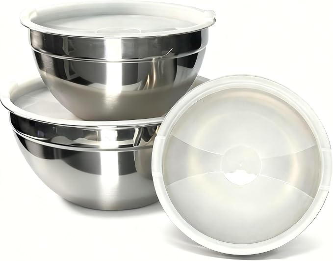 Stainless Steel Mixing Bowls With Lid, Metal Nesting Mixing Bowl Set Of 3 | Prep Bowls For Food Prep, Cooking, Baking, Serving, Storage, Dishwasher Safe, Metal Bowls with Lids for 1.5/3/5 Qt, Silver