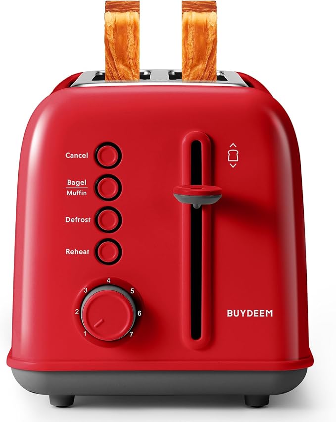 BUYDEEM DT620 2-Slice Toaster, 7 Shade Settings, Extra Wide 1.5'' Slots for Bagel & English Muffin, 6 Toasting Functions, Retro Stainless Steel Toaster with High Lift Lever, Red