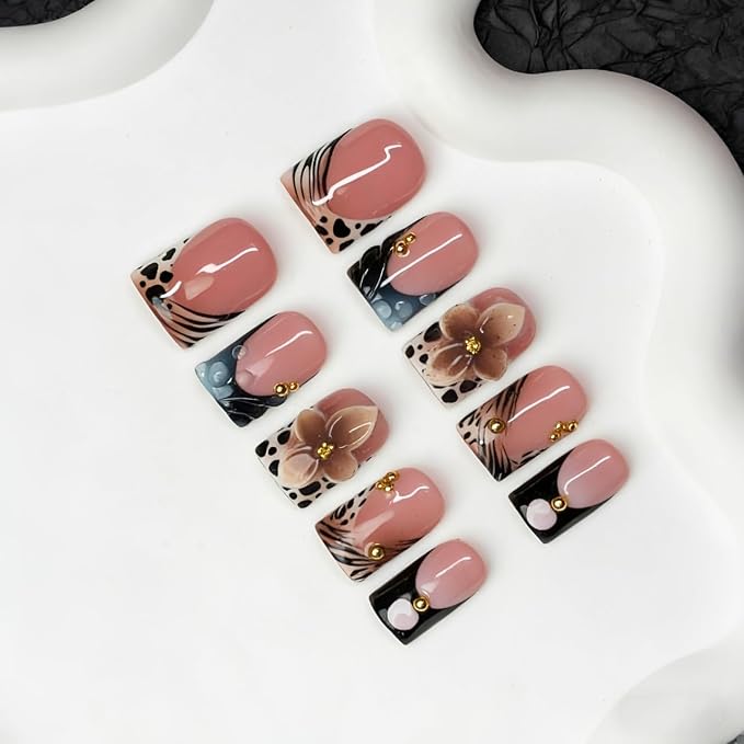 Flower Handmade Press on Nails 3D Luxury Brown Floral Design Leopard Print French Tip Fake Nails Muti-Layer Gel Handmade Acrylic Nail Short Square False Nails for Women (M)