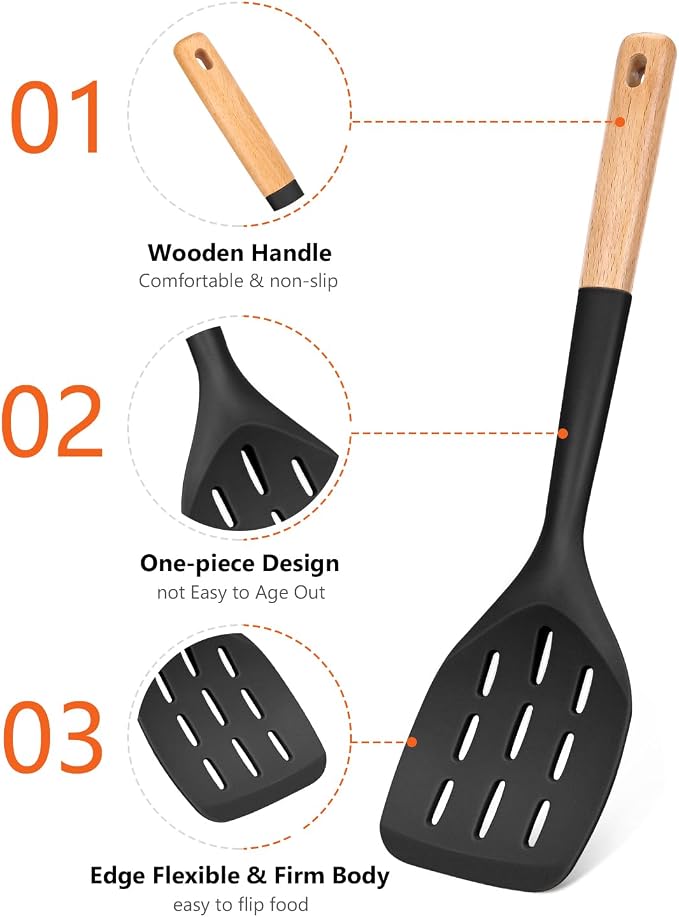 Pack of 3 Silicone Spatula, Non Stick Cooking Utensil Set, Black | Heat Resistant, Non Scratch, Wooden Handle Kitchen Turner for Baking Mixing Grilling Serving Food