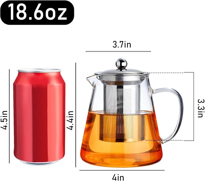 PARACITY Glass Teapot Stovetop 18.6 OZ, Borosilicate Clear Tea Kettle with Removable 18/8 Stainless Steel Infuser, Teapot Blooming and Loose Leaf Tea Maker Tea Brewer for Camping, Travel (550ML) | Tea infuser & tea strainer. Blooming tea; clear teapot,...