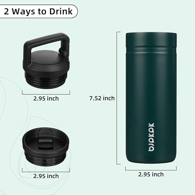 BJPKPK 20 oz Insulated Travel Water Bottle, Coffee Tumbler Stainless Steel | Double Wall Vacuum, Leakproof, Thermal, Keeps Hot/Cold, Dishwasher Safe, Spill Proof, Wide Mouth, 2 Lids, Dark Green