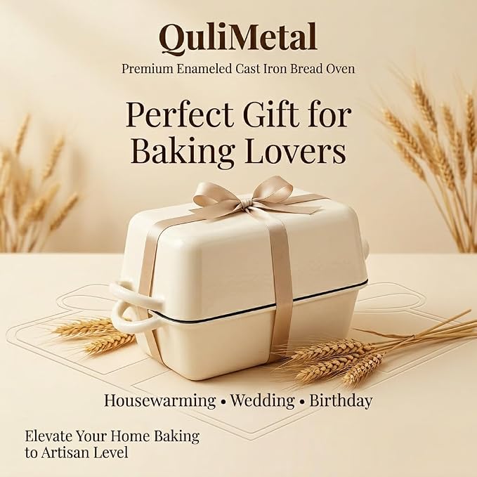 5 Quart Enameled Cast Iron Bread Pan with Lid, Dutch Oven for Sourdough Bread Baking, Large 12.6" Loaf Pan for Homemade Artisan Bread, Oven Safe for Crispy Crust & Fluffy Interior (Cream White)