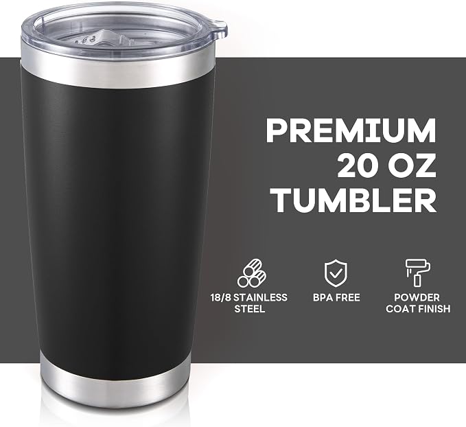 20 oz Tumbler with Lid Stainless Steel Insulated Tumblers Bulk Cups Mug | Double Wall Vacuum, Powder Coated, Keep Drinks Cold and Hot, Waterproof Lid, Fit of Car Cup Holders, Black, 4 Pack