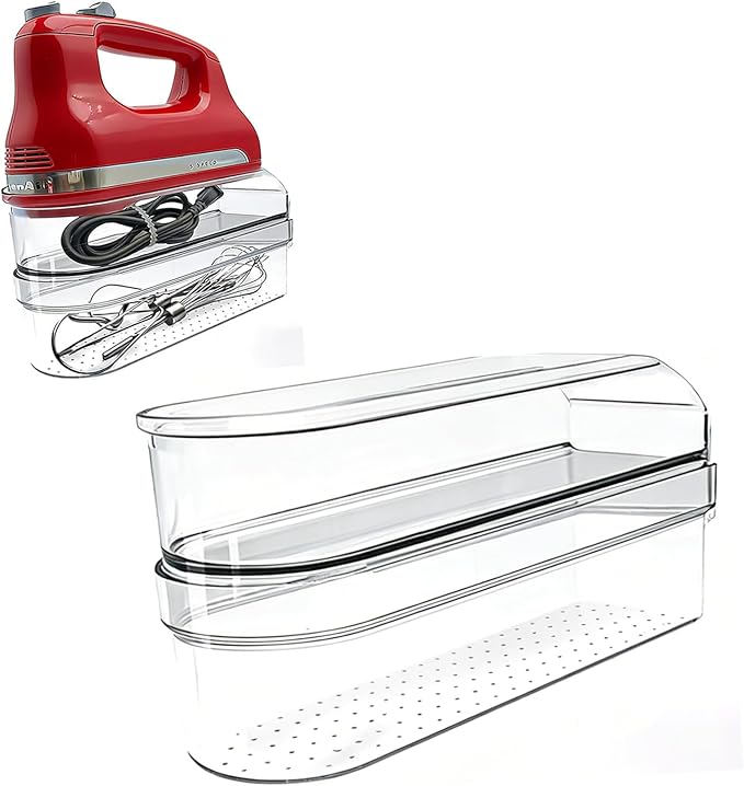 Clear Hand Mixer Storage Case - 2-Layer Acrylic Kitchen Organizer and Countertop Holder for Kitchen Aid & Other Hand Mixers, Utensils, Whisks, and Mixing Accessories - Dustproof, Space Saving