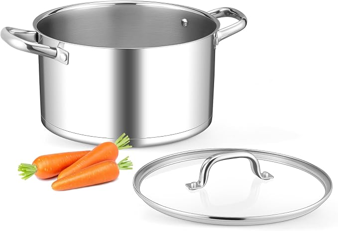 Leonyo 8 Quart Stock Pot with Lid, Stainless Steel Soup Pot for Cooking | 3-Ply Bottom for All Stoves, Stewing & Boiling & Simmering