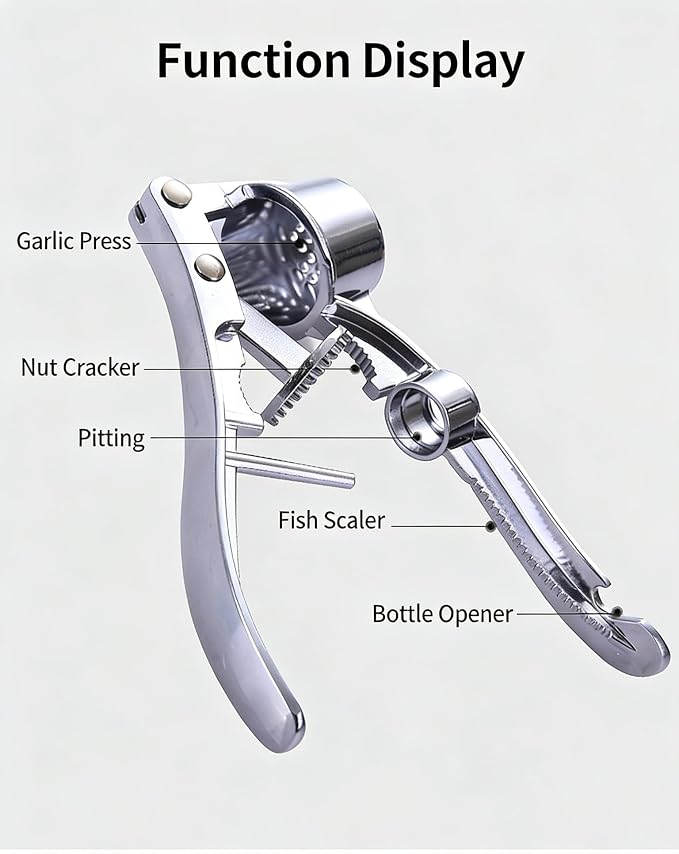 Multifunctional Garlic Press, 3-in-1 Kitchen Tool, Aluminium Alloy, Garlic Crusher with Walnut Cracker and Bottle Opener