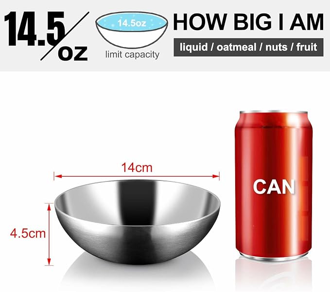 Stainless Steel Bowls for Kids, 18/8 Stainless Steel Toddler Bowl, BPA-Free, Durable & Easy Clean, 4 Pack - 14.5 oz Perfect for Baby Meals, Snacks, Serving and Travel & Home Use，Silver
