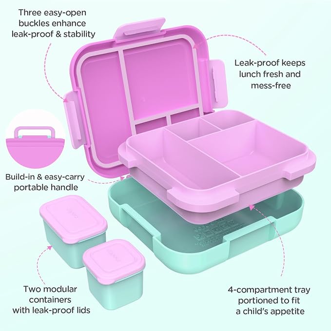Caperci Bento Box for Kids Age 4-8 - 4.8 Cups Lunch Box with 2 Modular Containers - 4 Compartments Lunch Container, Leak-Proof, Portable Handle, Microwave/Dishwasher Safe (Orchid/Light Cyan)