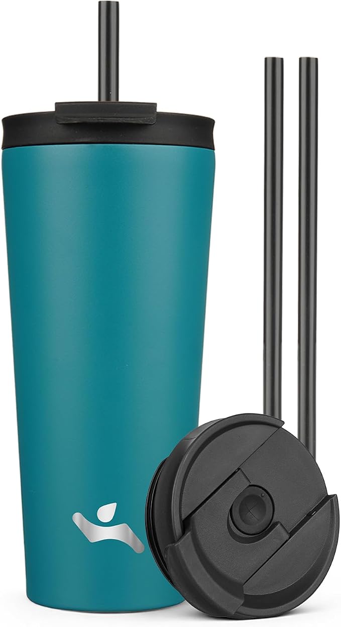 Konokyo 22 oz Insulated Tumbler Water Bottle with Straw Lid, Blue | Stainless steel insulated tumbler for coffee, water and iced drinks; spill-proof lid, 2 straws, cup-holder friendly