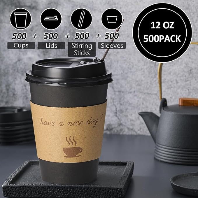 BYSNOW 500 pack 12 oz Bulk Disposable Coffee Cups with Lids Hot Paper Cups | To Go Insulated Coffee Cups for Home, Office, Cafes and Party (Black 12oz)