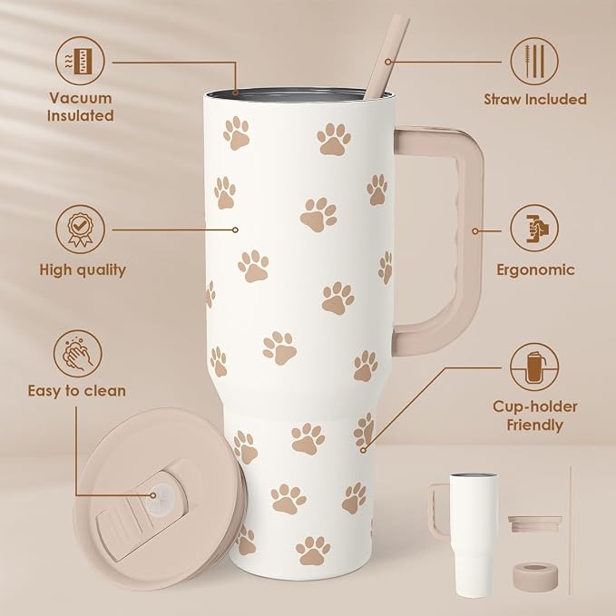 Paw Print Tumbler with Handle, Gifts for Dog Mom, Stainless Steel Insulated Tumblers Coffee Travel Mug Cup, Gift for Women Girls on Birthday Christmas Mothers Day, 40oz