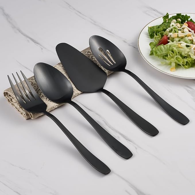 Matte Black Serving Set 4PCS Stainless Steel Hostess Utensils | Include: slotted spoon serving spoon serving fork and cake server, for buffets/gatherings/daily meals, dishwasher safe
