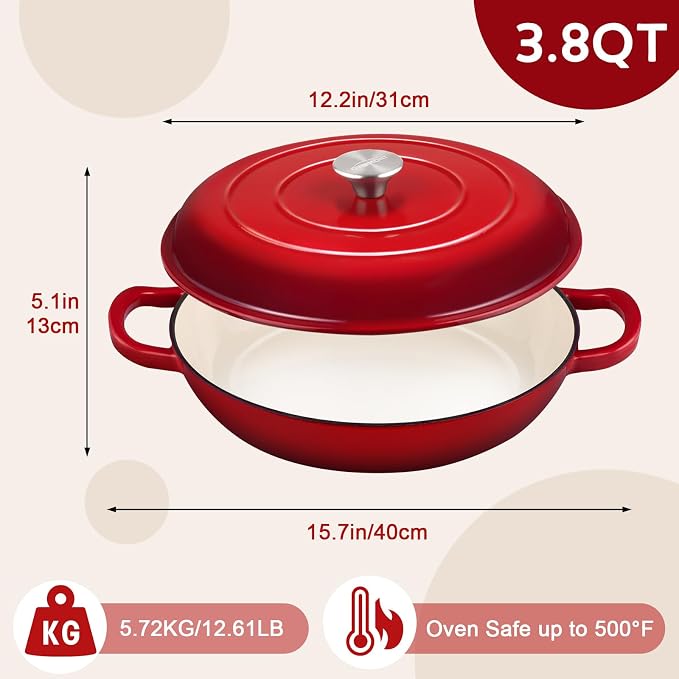 Overmont Enameled Cast Iron Dutch Oven - 3.8 QT Shallow Braiser with Recipe | Enameled Casserole with Lid Potholders, Oven Safe up to 500°F, Cast Iron Cookware for Grilling Searing Roasting Braising Bake