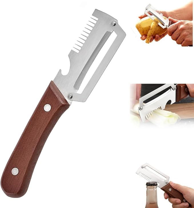 Premium Vegetable Peeler with Wooden Handle and Bottle Opener,Multi-Functional Vegetable Peeler for Kitchen, 2-In-1 Stainless Steel Kitchen Tool, for Fruit Veggie, Includes Bottle Opener (3-In-1)