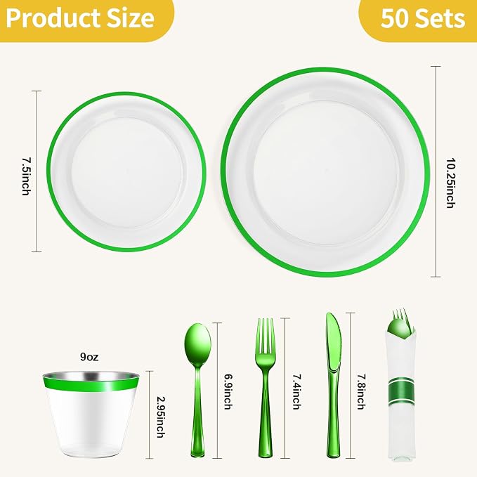 350 Pcs Clear Green Disposable Plastic Dinnerware Sets for 50 | Include 50 Dinner Plates, 50 Dessert Plates, 50 Pre Rolled Napkins with Cutlery Set, 50 Cups for Christmas, St. Patrick's Day