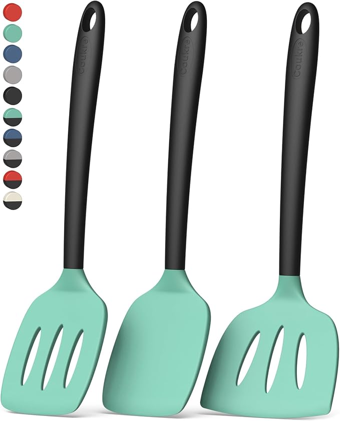 Coukre 3 Pack Silicone Spatula Set, Heat Resistant to 500°F, BPA-Free | Fish Spatula, Solid & Slotted Turners, Dishwasher Safe, Spatula Set for Eggs, Pancakes, Fish & Burgers, AquaGreenBlack