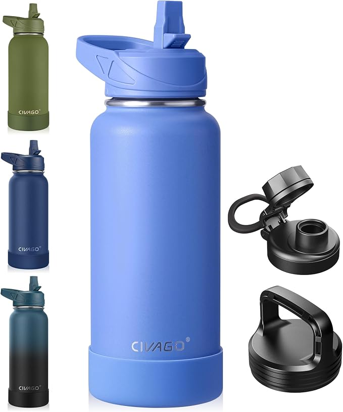 CIVAGO 32 oz Insulated Stainless Steel Water Bottle With Straw and 3 Lids | Large Metal Sports Water Jug, Leakproof Reusable Wide Mouth Thermal Flask Cup with Silicone Boot, BPA-Free, Light Blue
