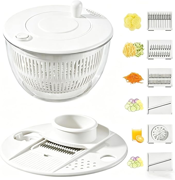 Ceruaxb Salad Spinner Chopper, 5.3 Qt Lettuce Dryer with 5 Blades, White | Vegetable and Fruit Wash Bowl, Kitchen Colander, Egg Yolk Strainer, Slicing and Shredding, Rinsing, Draining and Food Prep