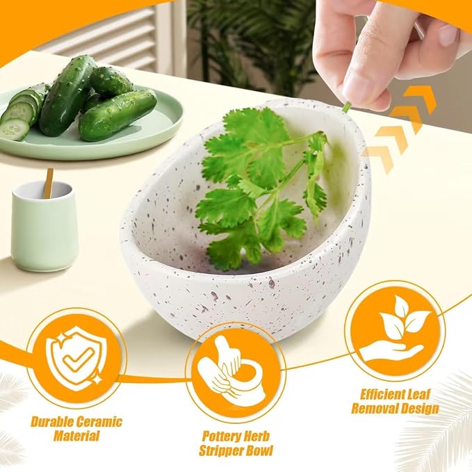 Handmade Ceramic Herb Stripper Bowl - Kitchen Herbs Leaf Stripping Tool Pottery Herb Peeler for Kale, Thyme, Basil, Rosemary (White)