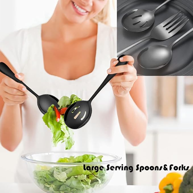 8 PCS Stainless Steel Serving Utensils, Large Serving Spoons Slotted Spoons, Forks, Ice Suger Tongs, Cake Server, Soup Ladle, Metal Utensils Set Great for Buffet Catering Banquet Party, Black