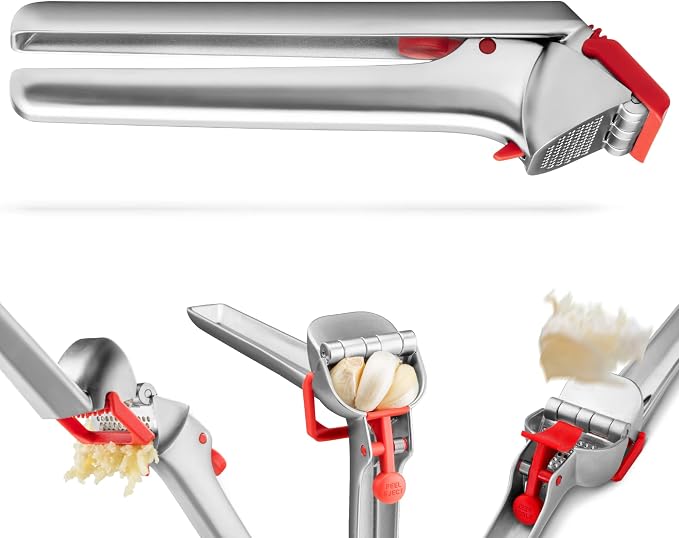 Dreamfarm Garject Garlic Press with Peel Ejector & Scraper - Red | No-peel mincer with skin eject button, crushes up to 3 cloves, dishwasher safe, durable chrome-plated zinc