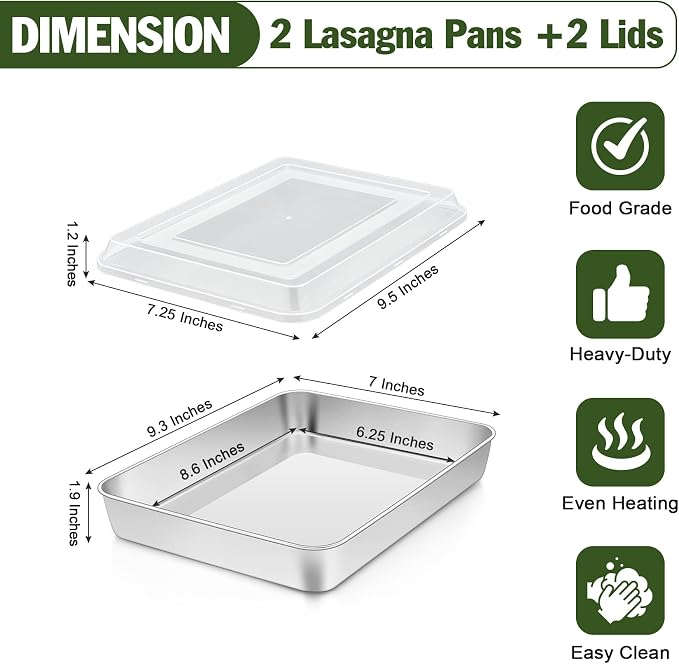 TeamFar Baking Pan with Lid, 9.3" x 7" Rectangule Cake Pans- 2Pans + 2Lids | Stainless Steel Lasagna Pans with Covers for Cake Brownie Casseroles, Birthday Party Outdoor, Healthy, Oven & Dishwasher Safe