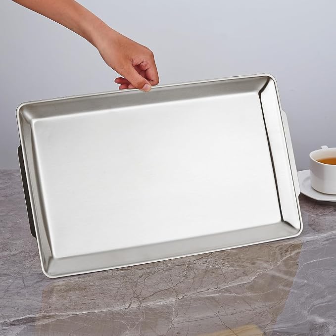15.8" x 9.5" Large Serving Platters, Stainless Steel Heavy-Duty Large Serving Trays, Silver Rectangular Plates for Food, Fruit, Party, Wedding, Christmas, Chip and Scratch Resistant