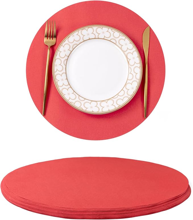 SHACOS 100 pcs Christmas Disposable Round Paper Placemats 13 inch Colored Paper Place Mats for Wedding Birthday Party Bridal Baby Shower Table Decoration, Red