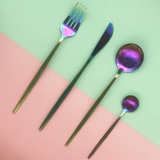 Rainbow Silverware Set, 24-Piece Stainless Steel Flatware Set Service For 6, Mirror Polished Iridescent Tableware Cutlery Set Knife Fork And Spoon For Home & Restaurant, Dishwasher Safe