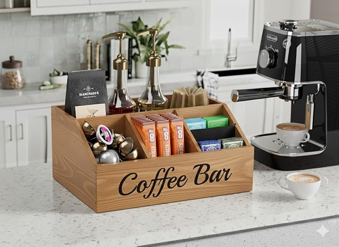 Coffee Station Organizer for Countertop – Wooden Coffee Bar Organizer with Adjustable Dividers,Holds K Cup Pod & syrup bottles, for Kitchen, Office, or Bar and Tea Station, Brown