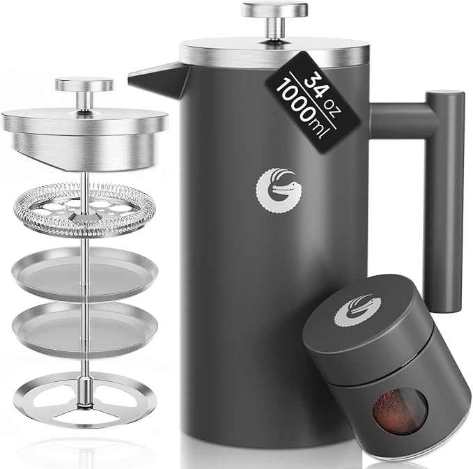 Coffee Gator French Press Coffee Maker 34 oz, Non-Toxic | Double Wall, 4-Layer Filter, Cold Brew Cafetera Tea Pot for Kitchen Travel Camping, Gifts, Decor, Bar Accessories, Gray
