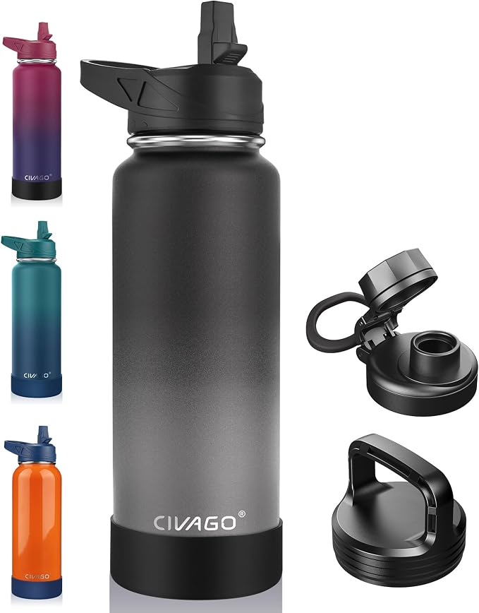 CIVAGO 40 oz Insulated Stainless Steel Water Bottle With Straw and 3 Lids | Large Metal Sports Water Jug, Leakproof Reusable Wide Mouth Thermal Flask Cup with Silicone Boot, BPA-Free, Omber Gray