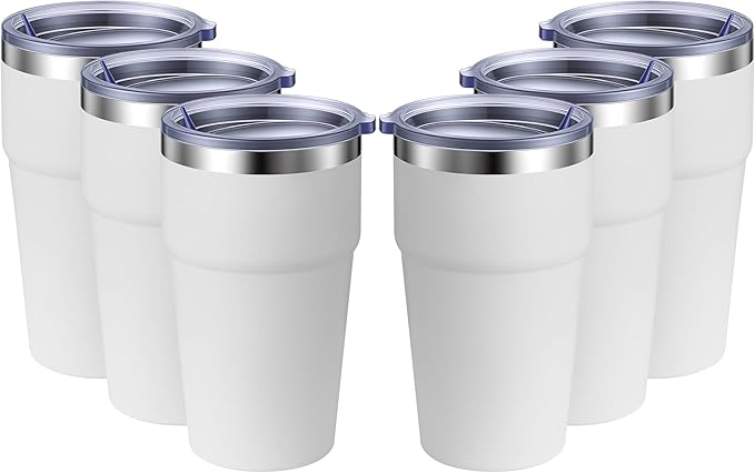 MEWAY 16oz Tumbler Double Wall Vacuum Insulated Travel Mug Bulk, Stainless Steel Tumblers with Lid, Powder Coated Coffee Cups for Cold & Hot Drinks (White,6 Pack)