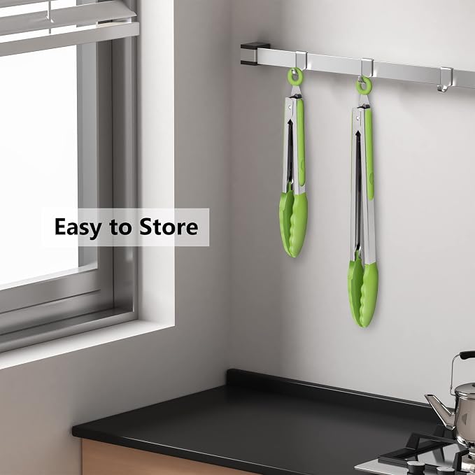 2 Pack Silicone Kitchen Tongs, 9 & 12 Inch, Stainless Steel, Light Green