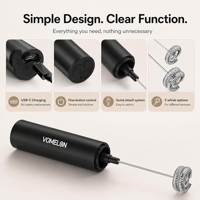 Rechargeable Milk Frother, Electric Coffee Foamer, Handheld Drink Mixer for Latte, Cappuccino, Coffee, Eggs, Hot Chocolate, Protein,Paint Black