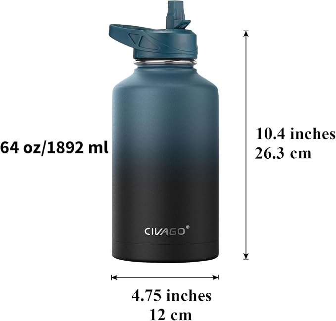 CIVAGO 64 oz Insulated Stainless Steel Water Bottle With Straw and 3 Lids | Half Gallon Large Metal Water Jug, Big Leakproof Reusable Wide Mouth Thermal Flask with Silicone Boot, BPA-Free, Army Green