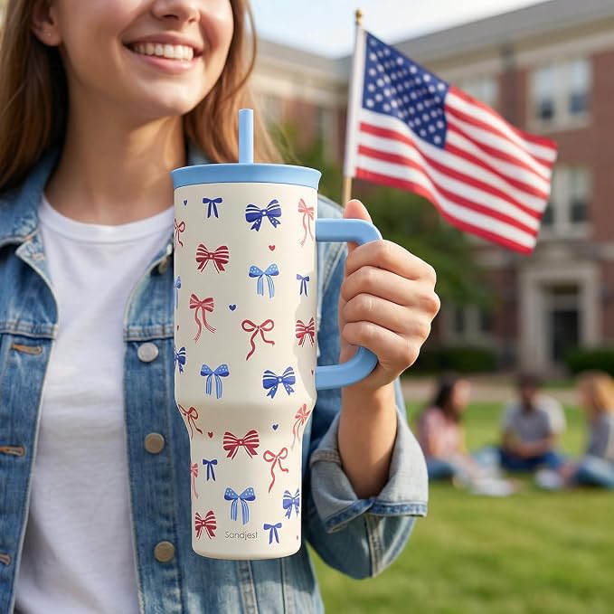 SANDJEST American Flag 40oz Tumbler with Handle and Straw, Insulated Stainless Steel Travel Coffee Mug for Women Girls, Gift Idea for Birthday Christmas 4th of July (Bow)