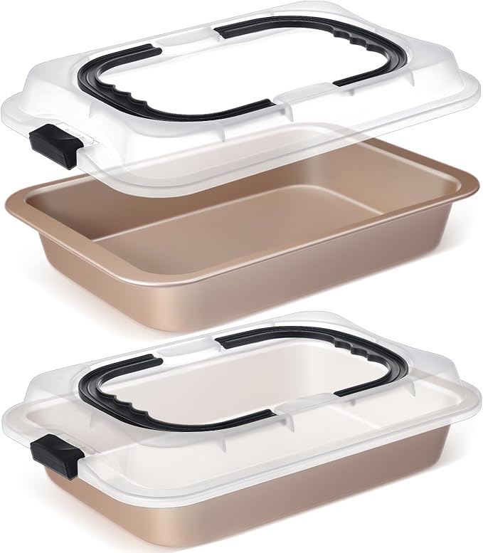 Qinyoung 2 Pcs Gold Cake Pan with Lid and Handle, 9 X 13 Inch | Non-stick, Rectangle Sheet Cake Pan, Covered Carrier, Brownie Roasting, Cooking, Baking