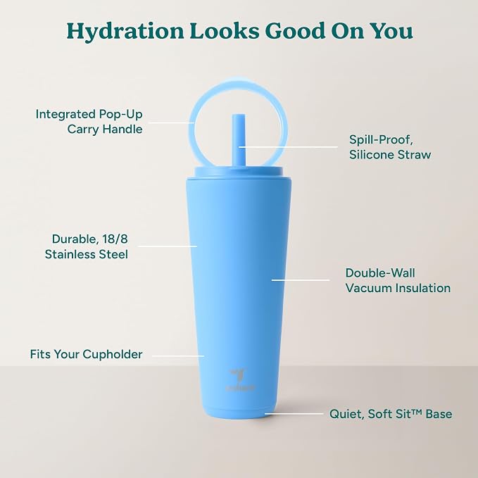 REDUCE Halo 32 oz Stainless Steel Vacuum Insulated Tumbler - Spill Proof Travel Mug with Flip Handle Lid - Keeps Drinks Cold for 32 Hrs - Dishwasher Safe - Cupholder Friendly - Oahu Blue