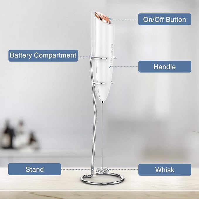 SIMPLETASTE Milk Frother Handheld Electric Foam Maker Battery Operated | Drink Mixer with Stainless Steel Whisk for Cappuccino, Bulletproof Coffee, Latte, White, with Stand