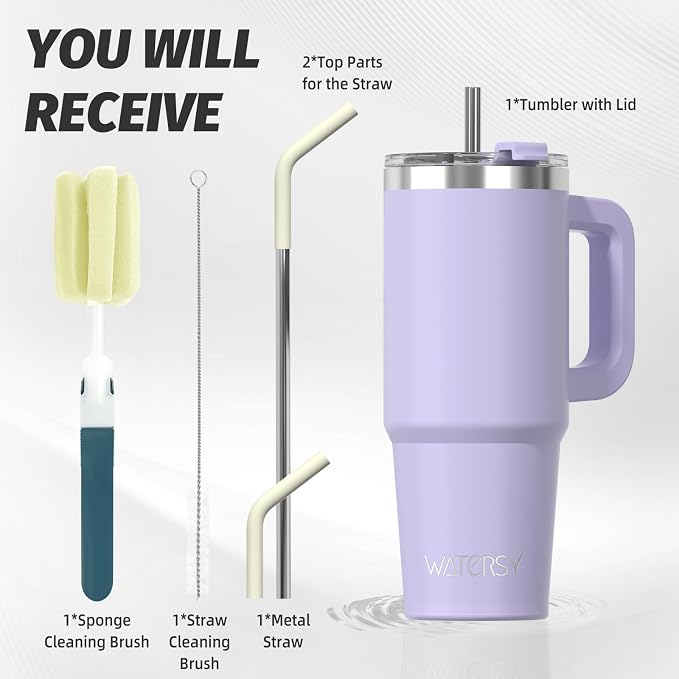 30 oz Tumbler with Handle,Tumbler with Lid and Straw,Double Wall Insulated Cup Stainless Steel Travel Mug(Cold for 34 Hours),Water Bottle for Iced Tea,Coffee,Cold Beverages(Purple)
