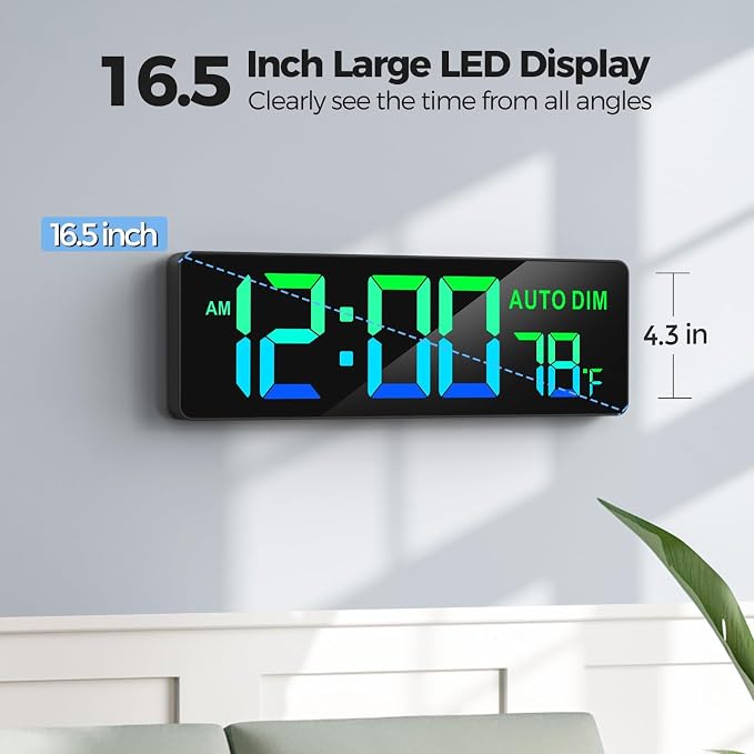REACHER 16.5" Large Digital Wall Timer Clock with Countdown for Classroom | Auto dimmer, temperature, Remote Control, Colorful LED wall clock for teacher, school, home decor, kitchen, gym, living room