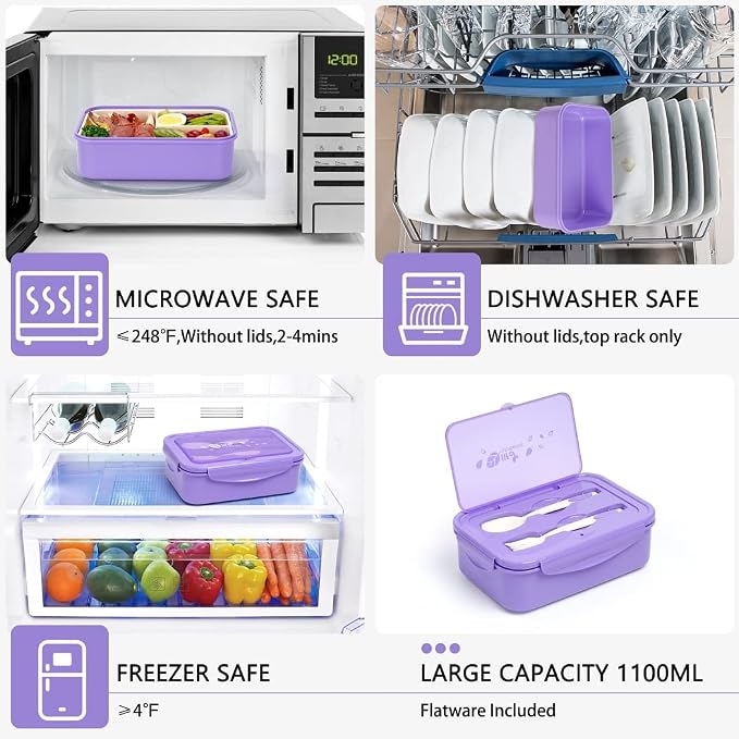 LOVINA Bento Lunch Box for Adults Kids - 1100ML/Built-in Utensil, BPA-Free | Durable, Lightweight Lunch Box Container, Perfect Size for On-the-Go Meal, Food-Safe Materials(Purple)