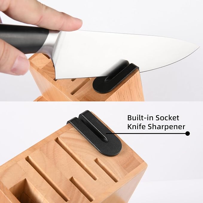 15-Piece ABS Handle Knife Set with Natural Block | ABS Ergonomic Handles For Kitchen Chef Blades & Serrated Steak Knives. Includes Built-In Sharpener Rod & Shears