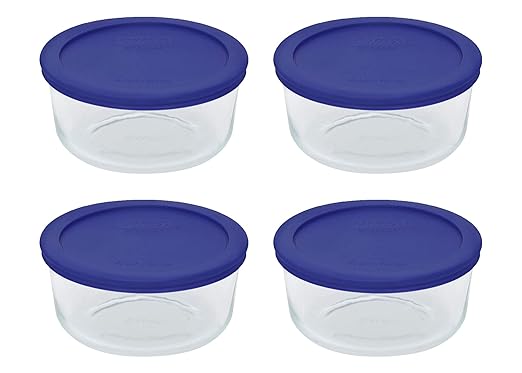 Pyrex 7201 (4-Cup) Glass Bowls & Cadet Blue Lids (4-Pack) - Made in USA | Tempered Construction | BPA-Free Plastic | Freezer Safe | Top-Rack Dishwasher Safe | Meal Prep & Kitchen Organization